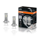 Two OSRAM LED Osram LEDriving HL EASY FREE H7/H18 LED Bulbs, Easy install, No CANbus - 64210DWESYF2-2HB car light bulbs displayed next to their black and orange retail packaging box on a reflective white surface.